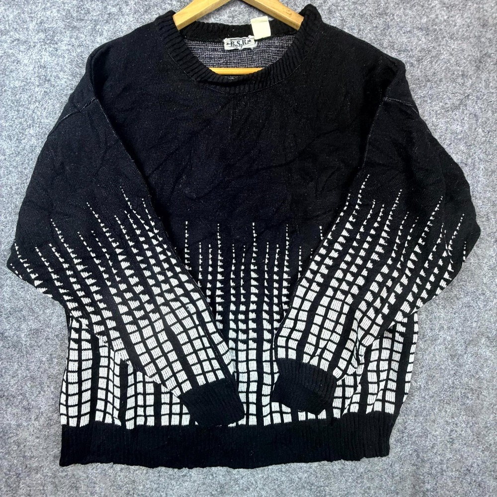 Vintage BSR Sweater Mens‎ Large Black White Retro Streetwear Y2K Indie Statement